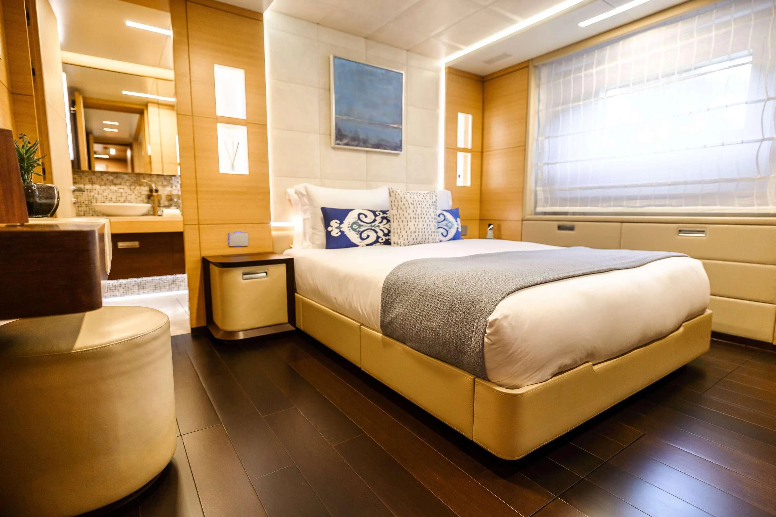 a bed in a room aboard PATIENCE Yacht for Charter