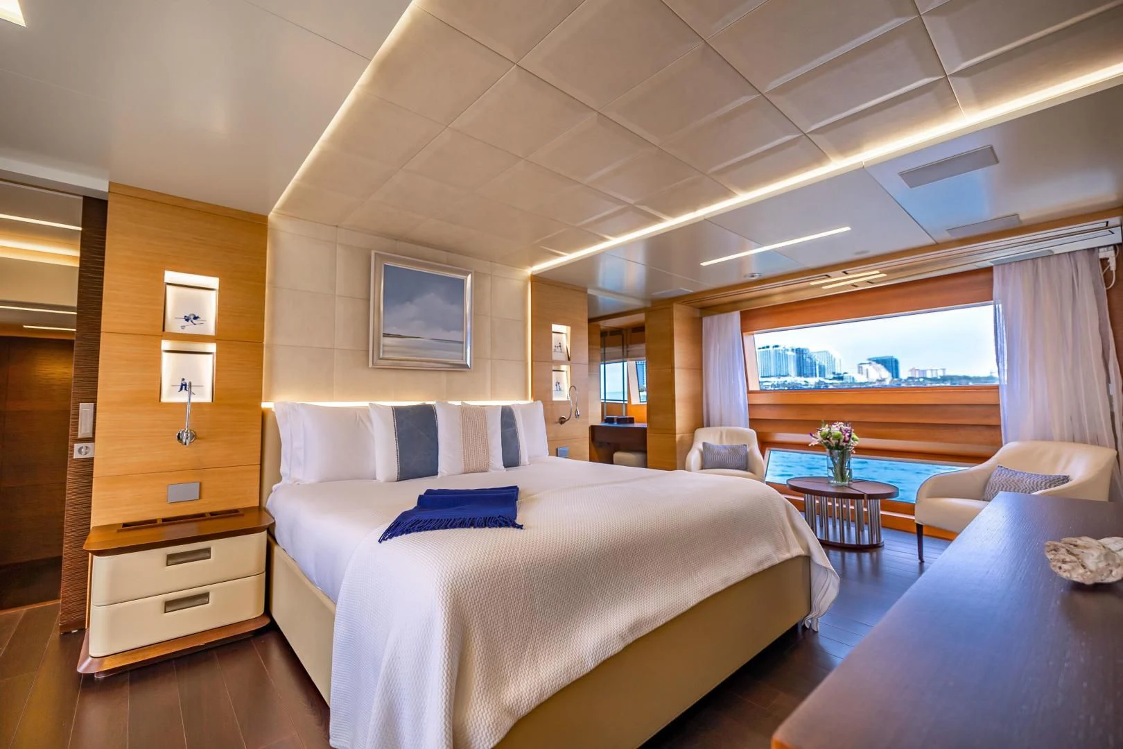 a bedroom with a large bed aboard PATIENCE Yacht for Charter