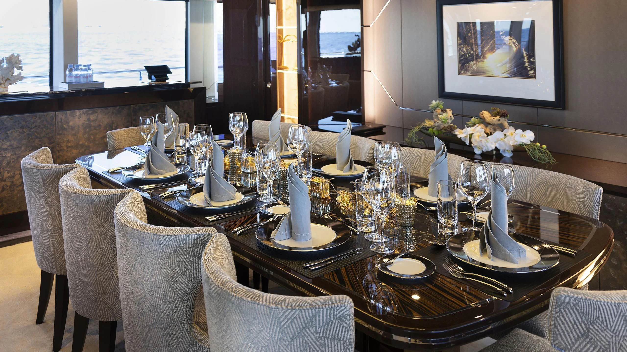 a table set for a dinner aboard NEXUS Yacht for Charter