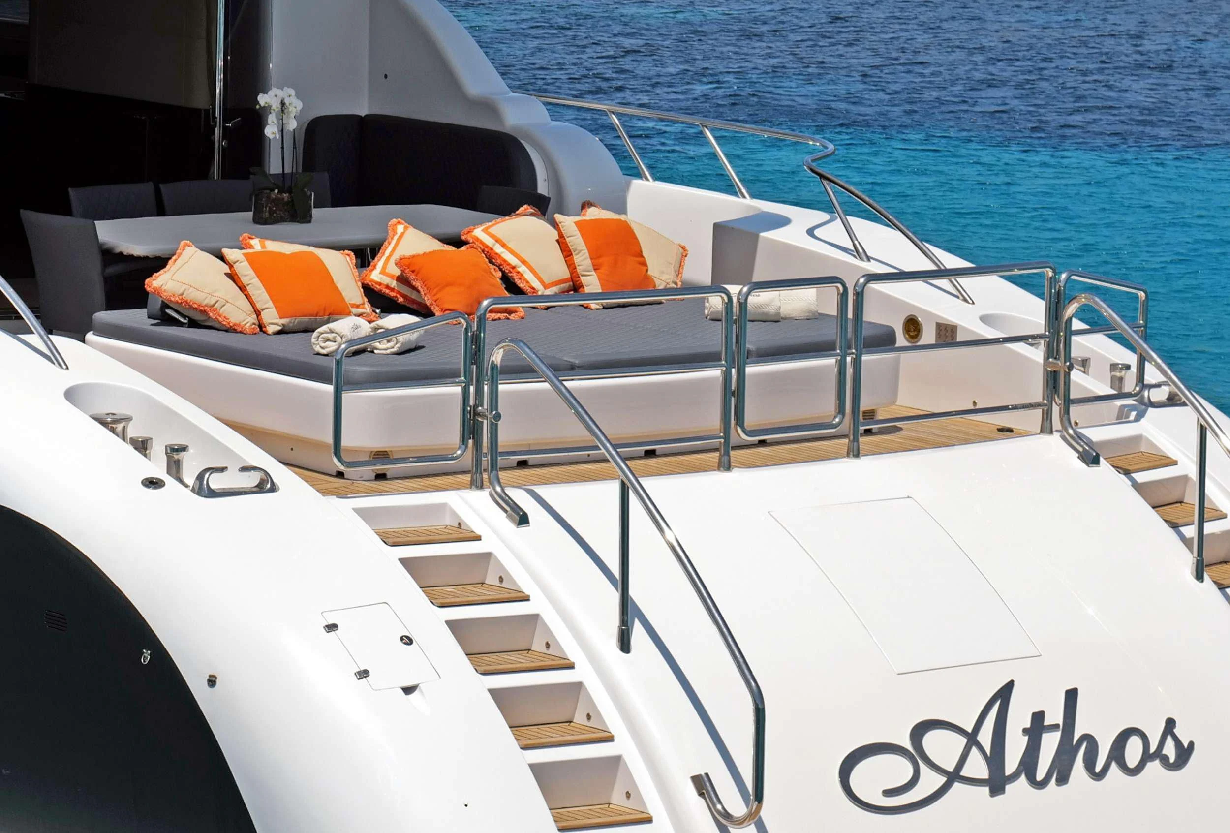 a boat with towels on the front aboard ATHOS Yacht for Sale