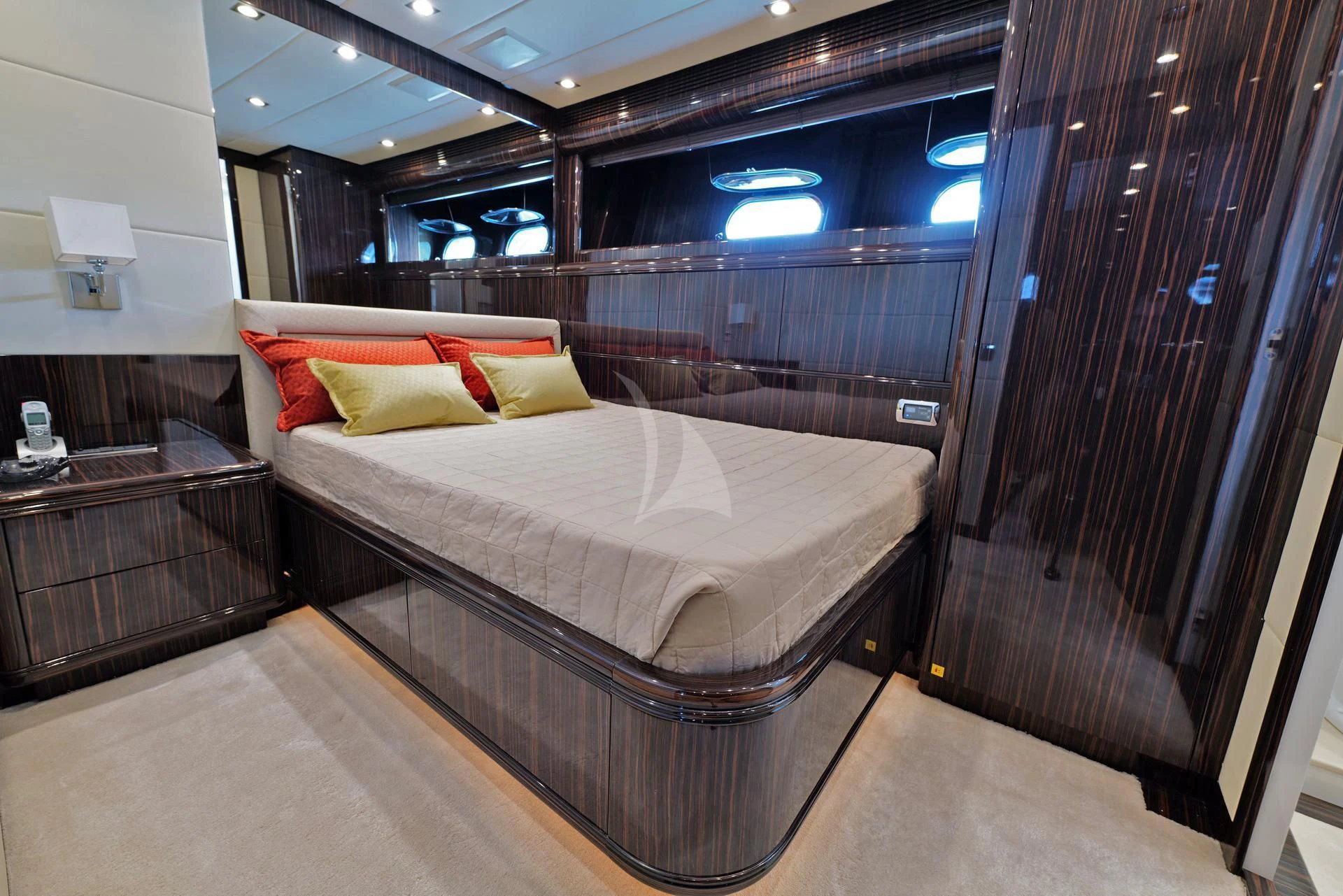 a bed in a room aboard ATHOS Yacht for Sale