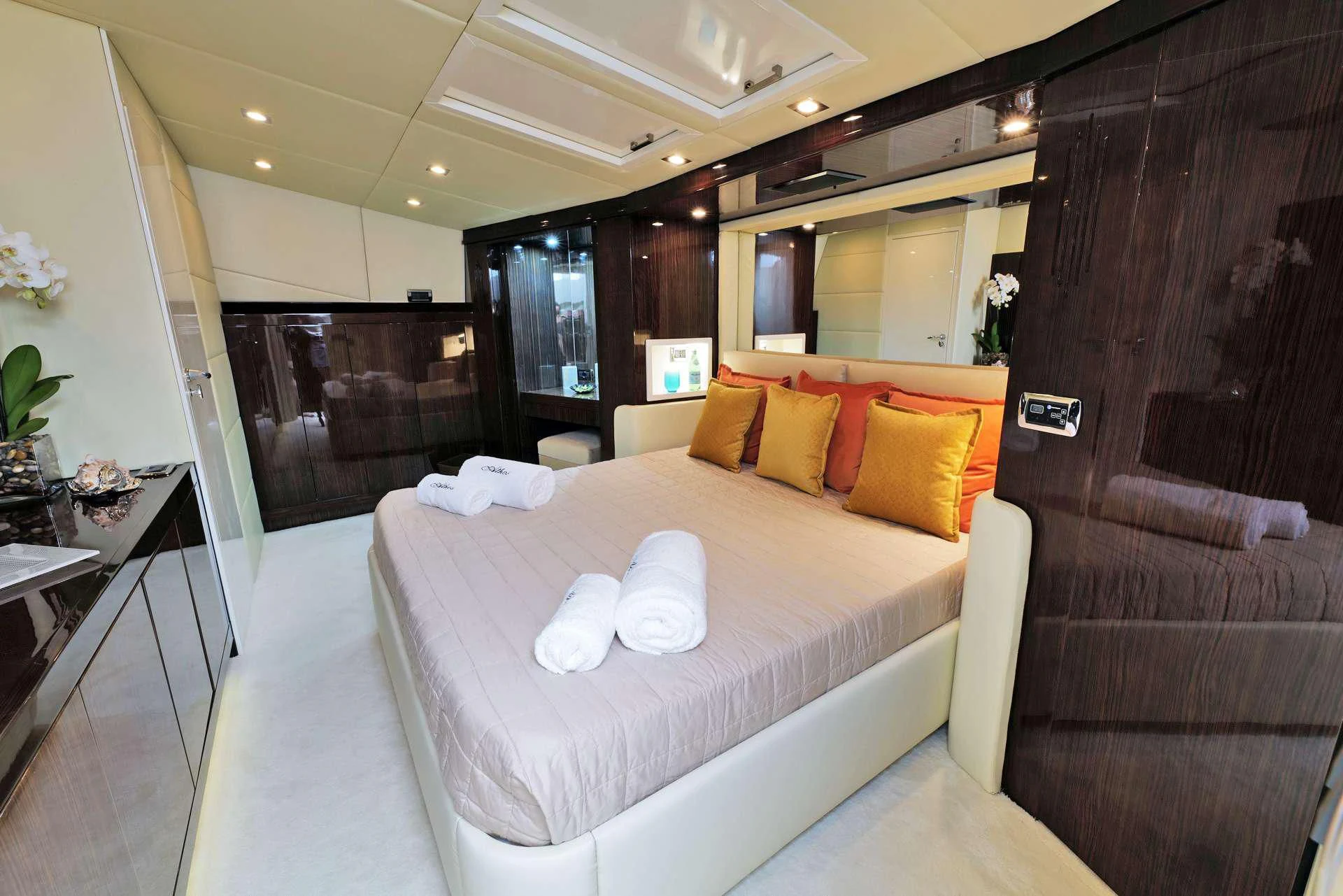 a hotel room with a bed aboard ATHOS Yacht for Sale