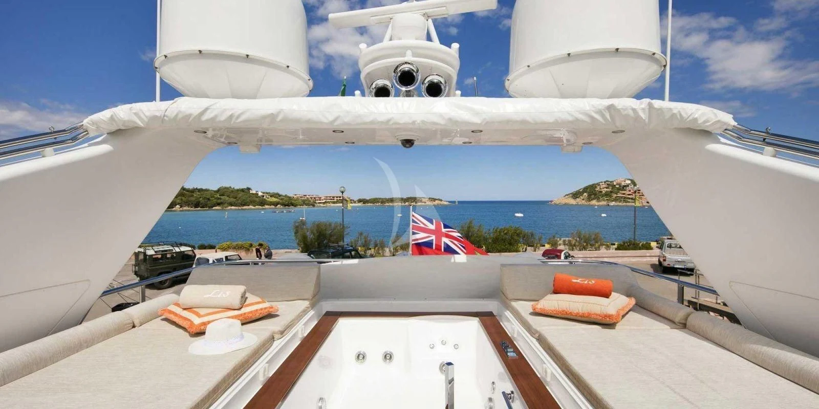 a view of a boat from a deck of a ship aboard ATHOS Yacht for Sale