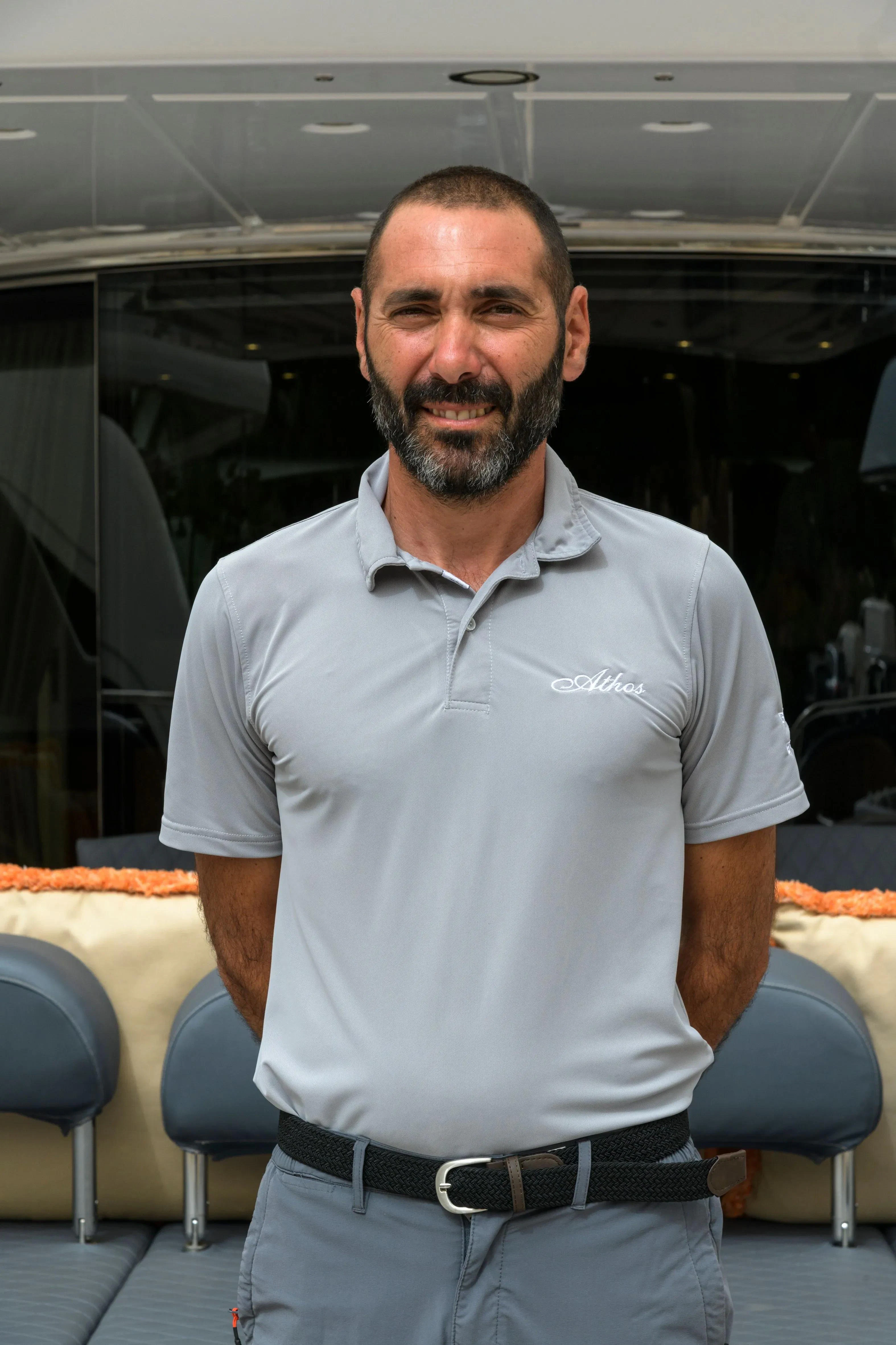 a man standing in an airplane aboard ATHOS Yacht for Sale