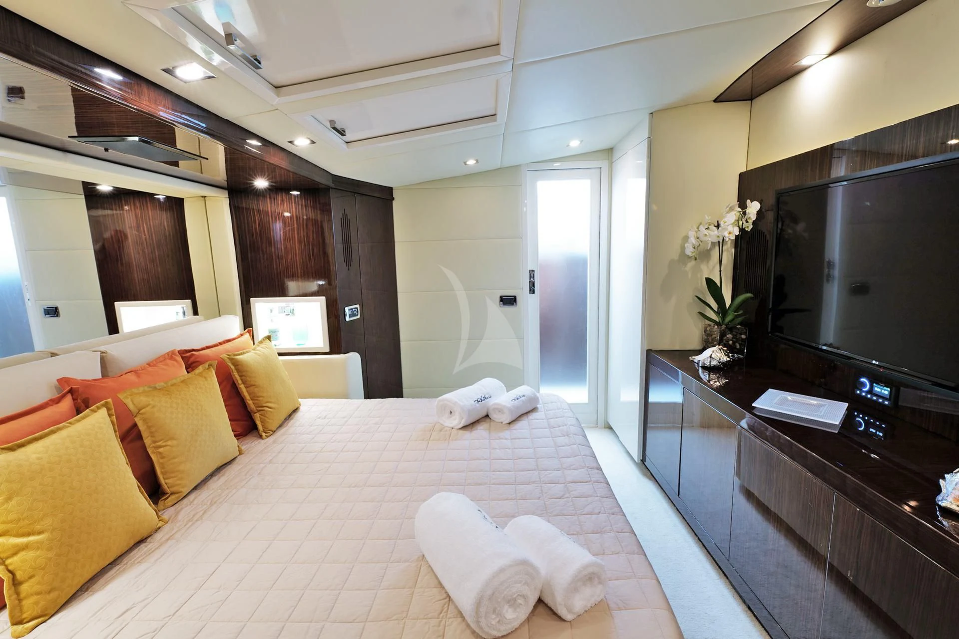 a large hotel room with a large tv aboard ATHOS Yacht for Sale