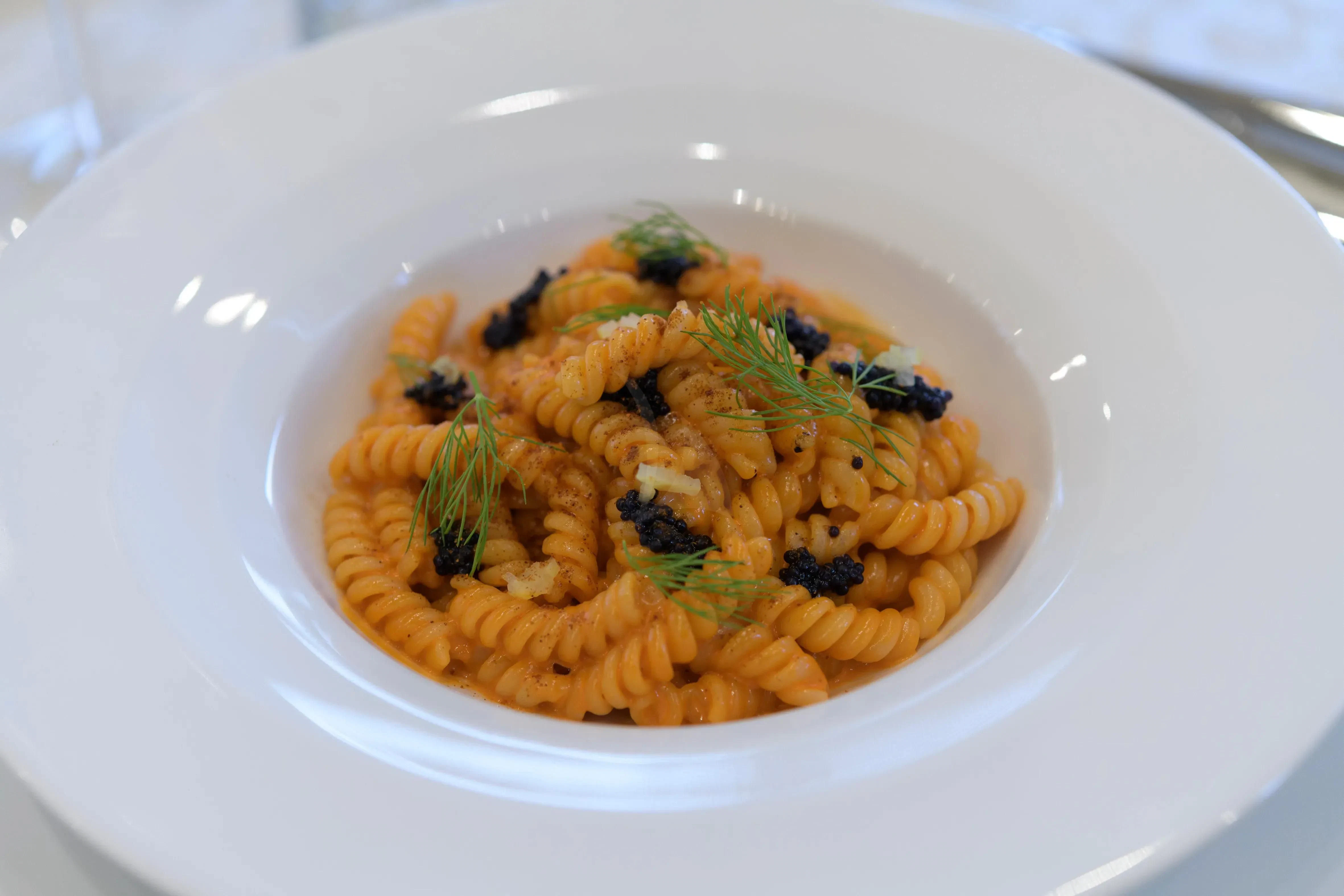 a plate of pasta aboard ATHOS Yacht for Sale