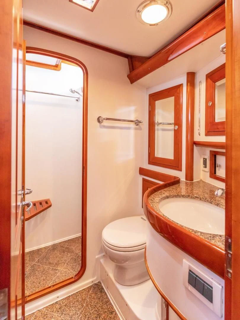 a bathroom with a sink toilet and a shower aboard WILD THING Yacht for Sale
