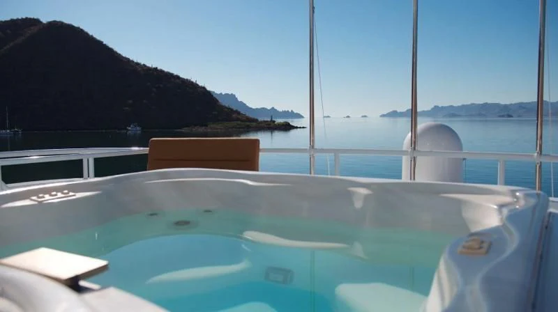 a pool with a view of the mountains and water aboard SCORPIO Yacht for Sale