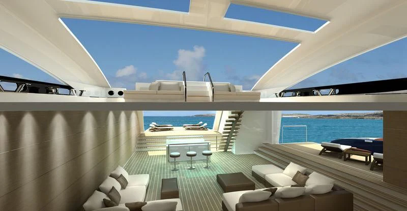 a room with a view of the ocean and the deck aboard ILLUSION Yacht for Sale