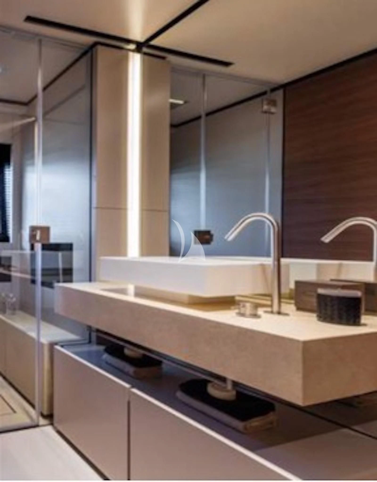 a bathroom with a large mirror aboard ALMAX TOO Yacht for Sale