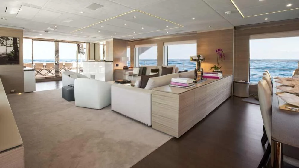 a living room with a large window aboard RANIA Yacht for Sale