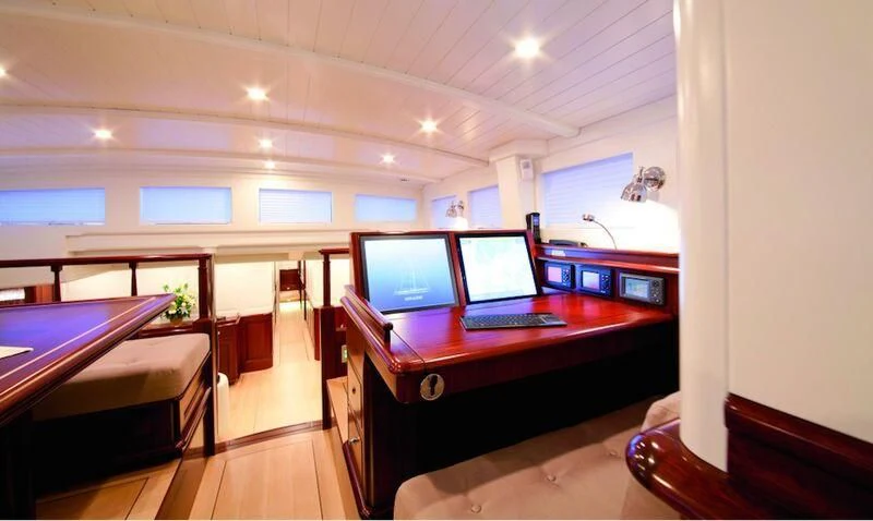 a room with desks and computers aboard AURELIUS Yacht for Sale