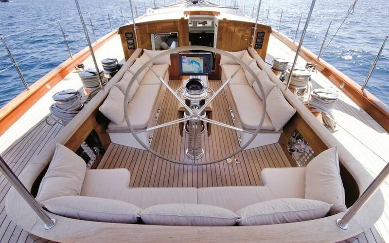 a boat with a seat and a seat on the front aboard AURELIUS Yacht for Sale