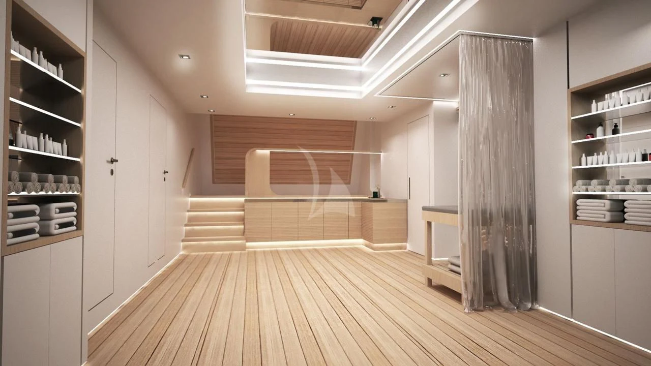 a room with a wood floor and a wood cabinet and shelves aboard BARENTS Yacht for Charter