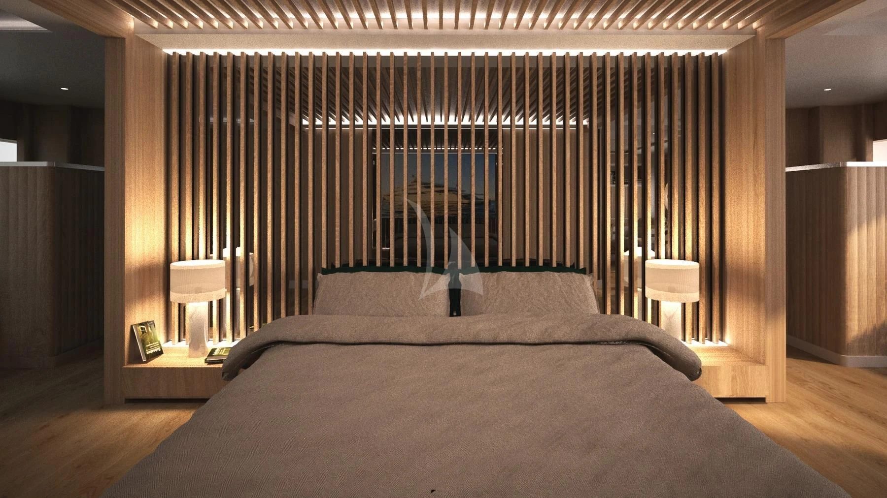 a bed with a lamp on it aboard BARENTS Yacht for Charter