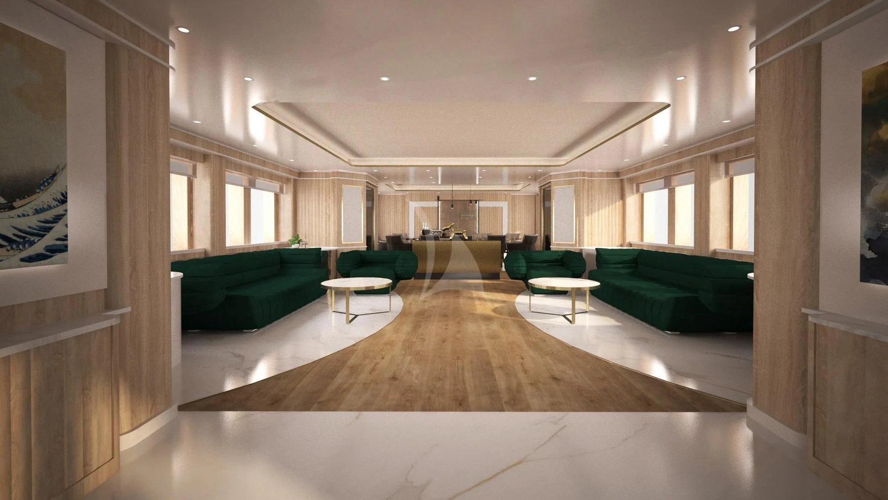 a large room with couches and a table aboard BARENTS Yacht for Charter