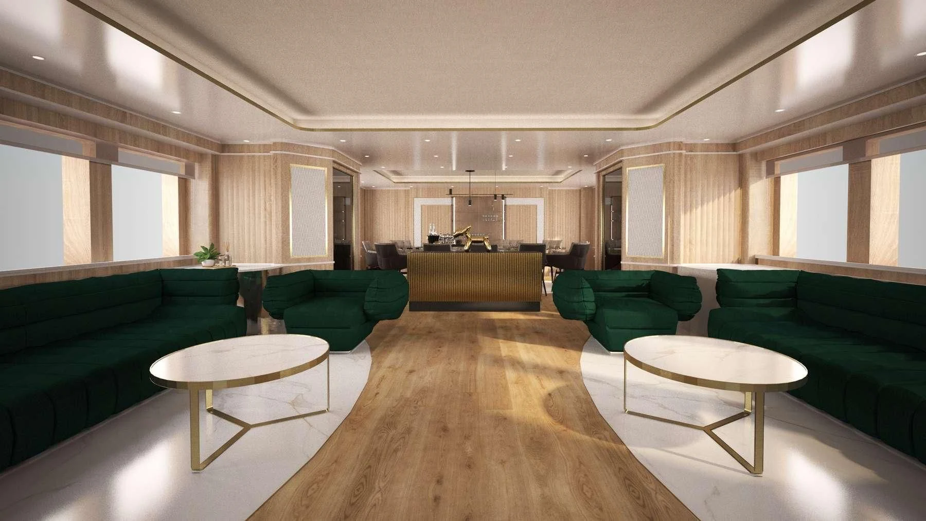 a large room with green couches aboard BARENTS Yacht for Charter