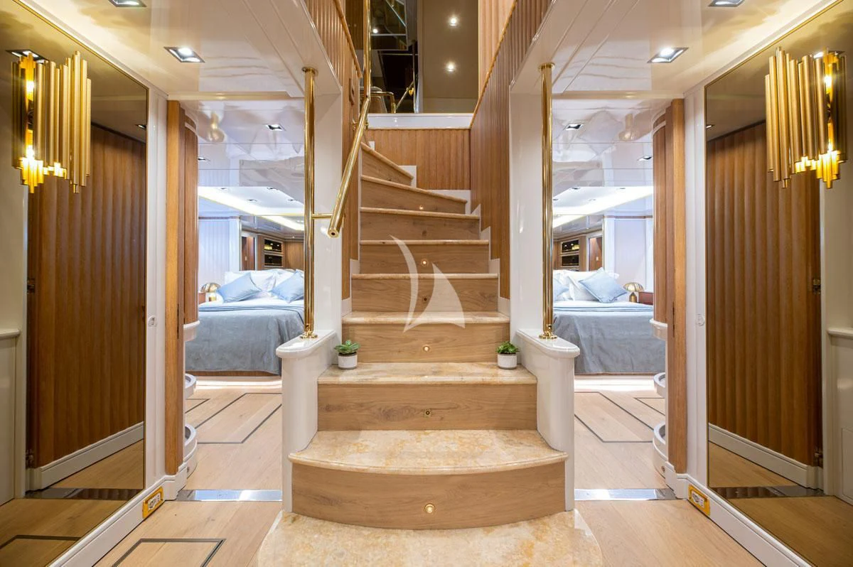 a staircase in a room aboard BARENTS Yacht for Charter