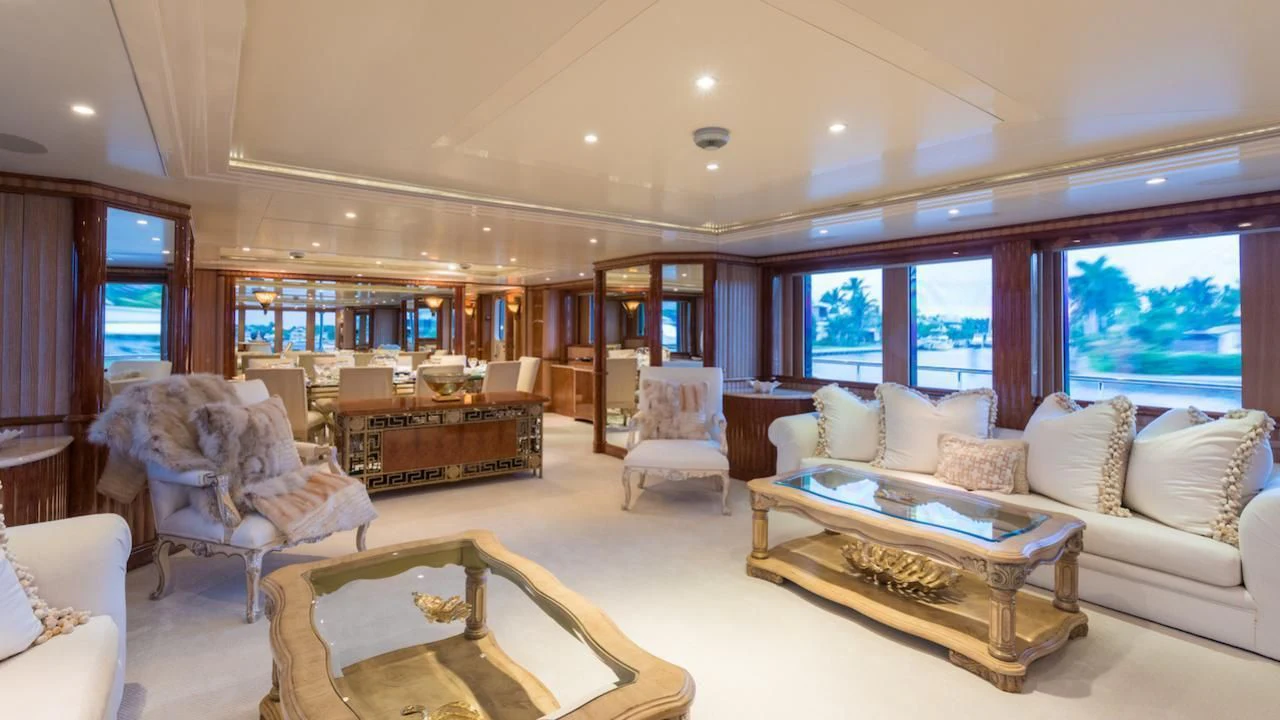 a living room with a large window aboard BARENTS Yacht for Charter