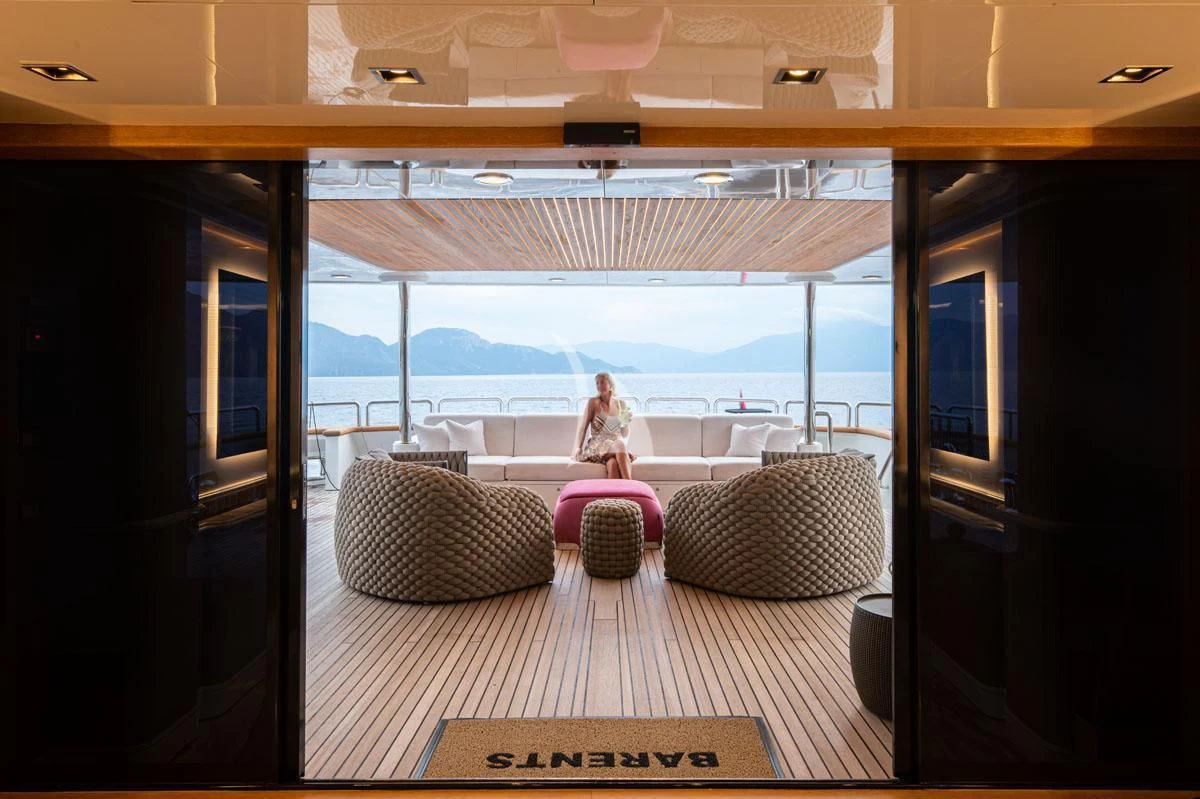 a person sitting on a couch aboard BARENTS Yacht for Charter