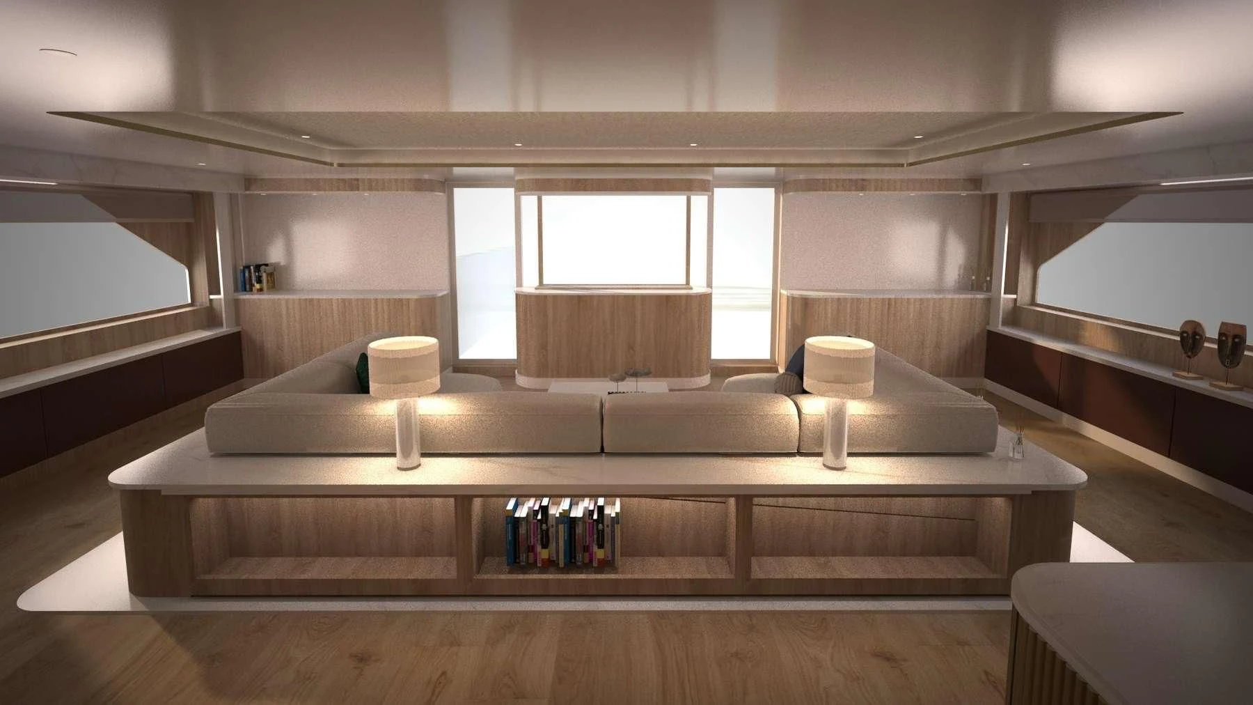 a room with a couch and a table and a window aboard BARENTS Yacht for Charter