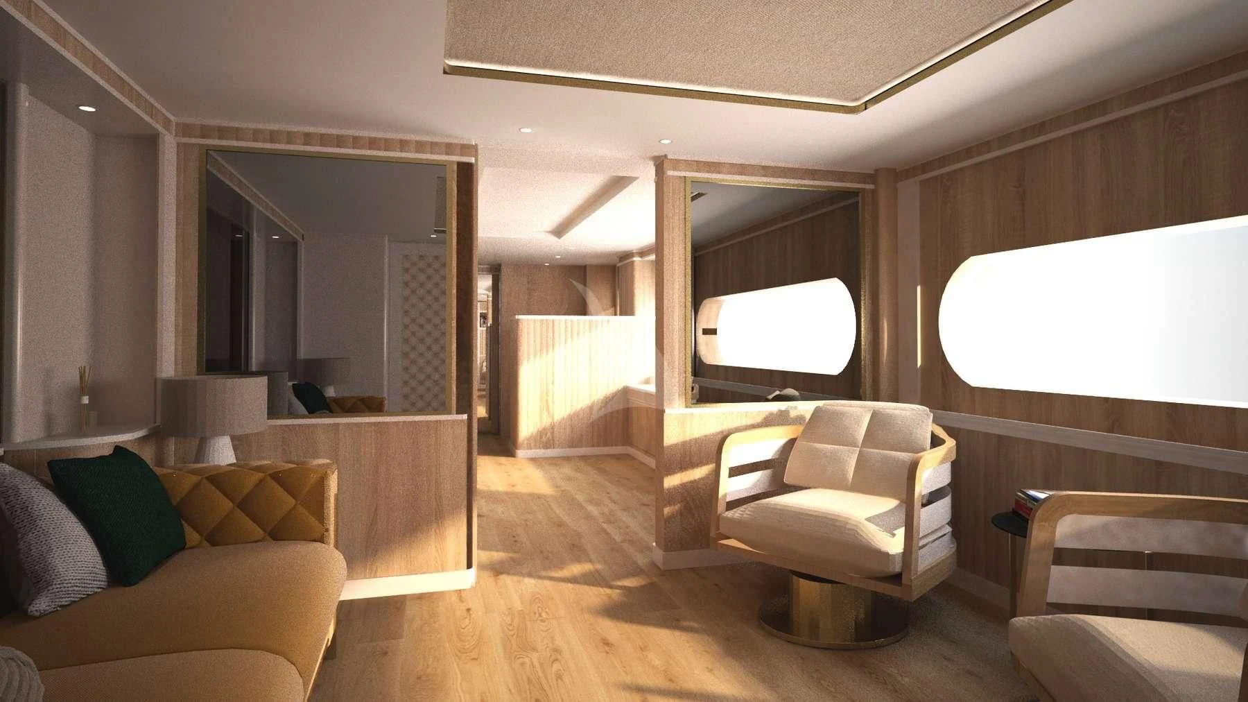 a living room with a wood floor aboard BARENTS Yacht for Charter