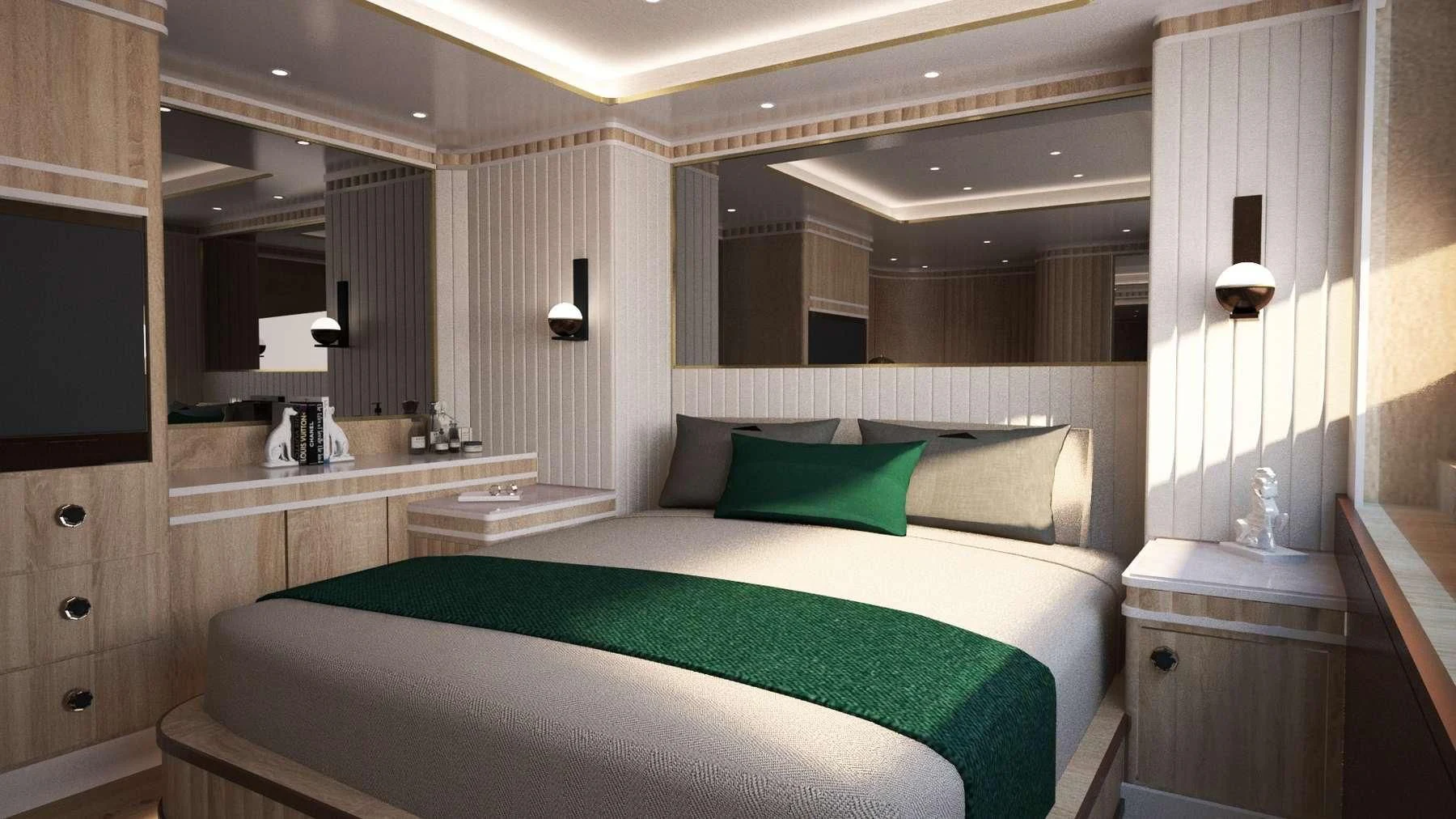 a bed in a room aboard BARENTS Yacht for Charter