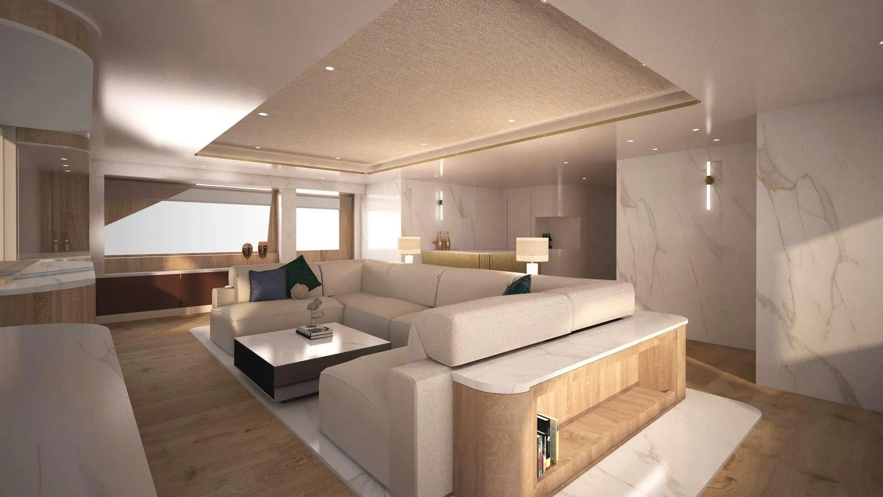 a living room with a couch and a table aboard BARENTS Yacht for Charter