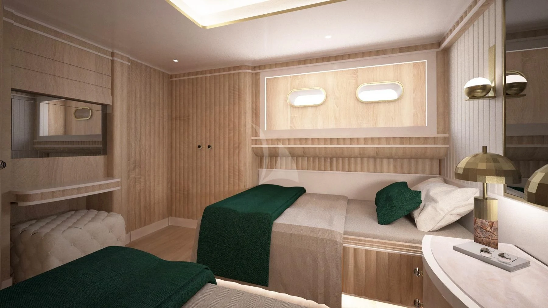 a room with a bed and a desk aboard BARENTS Yacht for Charter