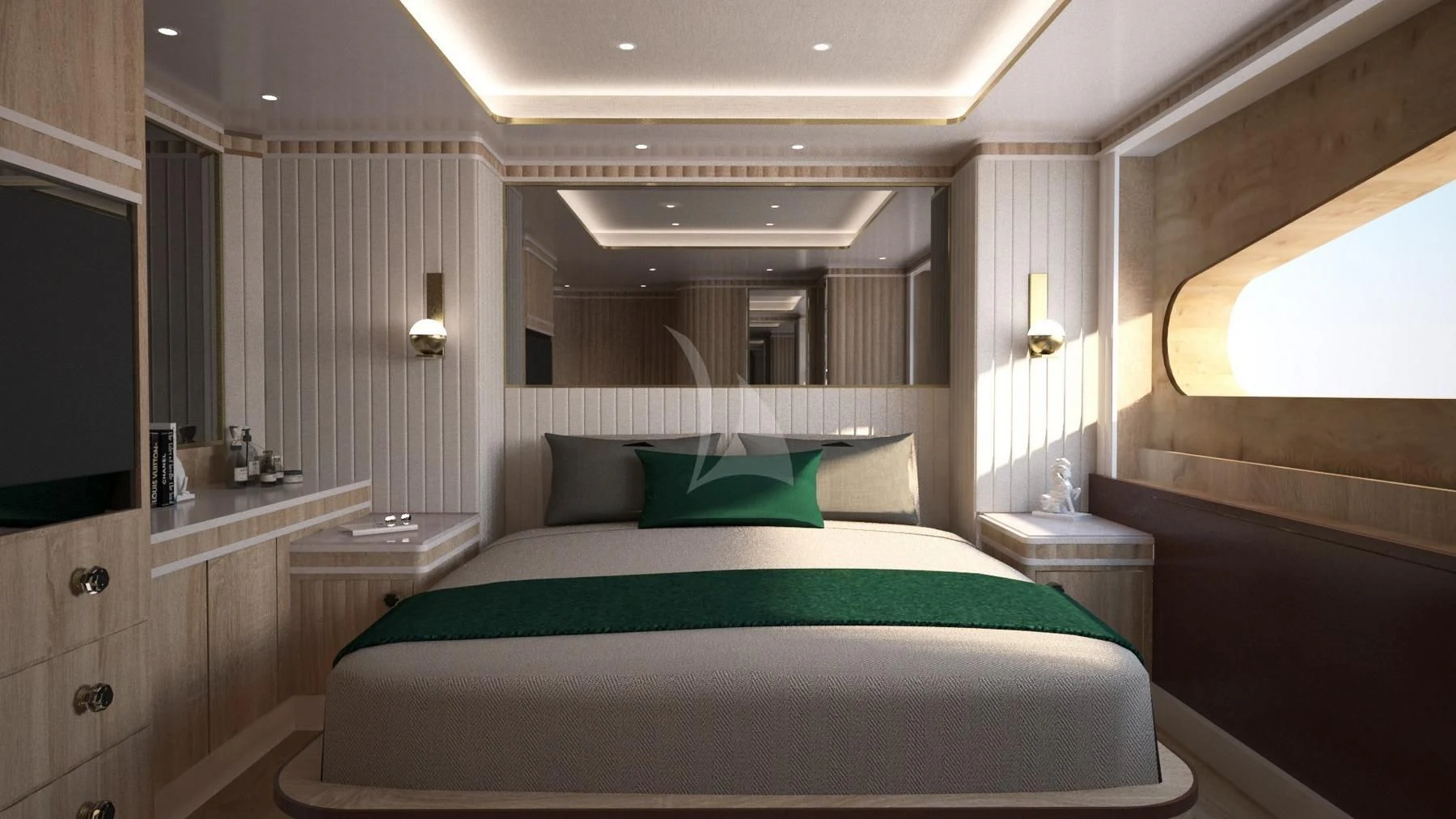 a bed in a room aboard BARENTS Yacht for Charter