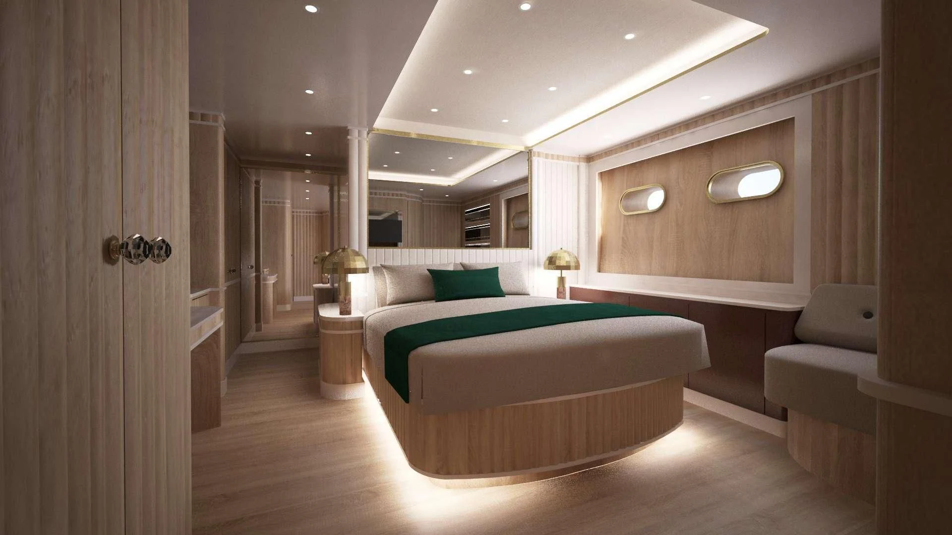 a large bedroom with a bed aboard BARENTS Yacht for Charter