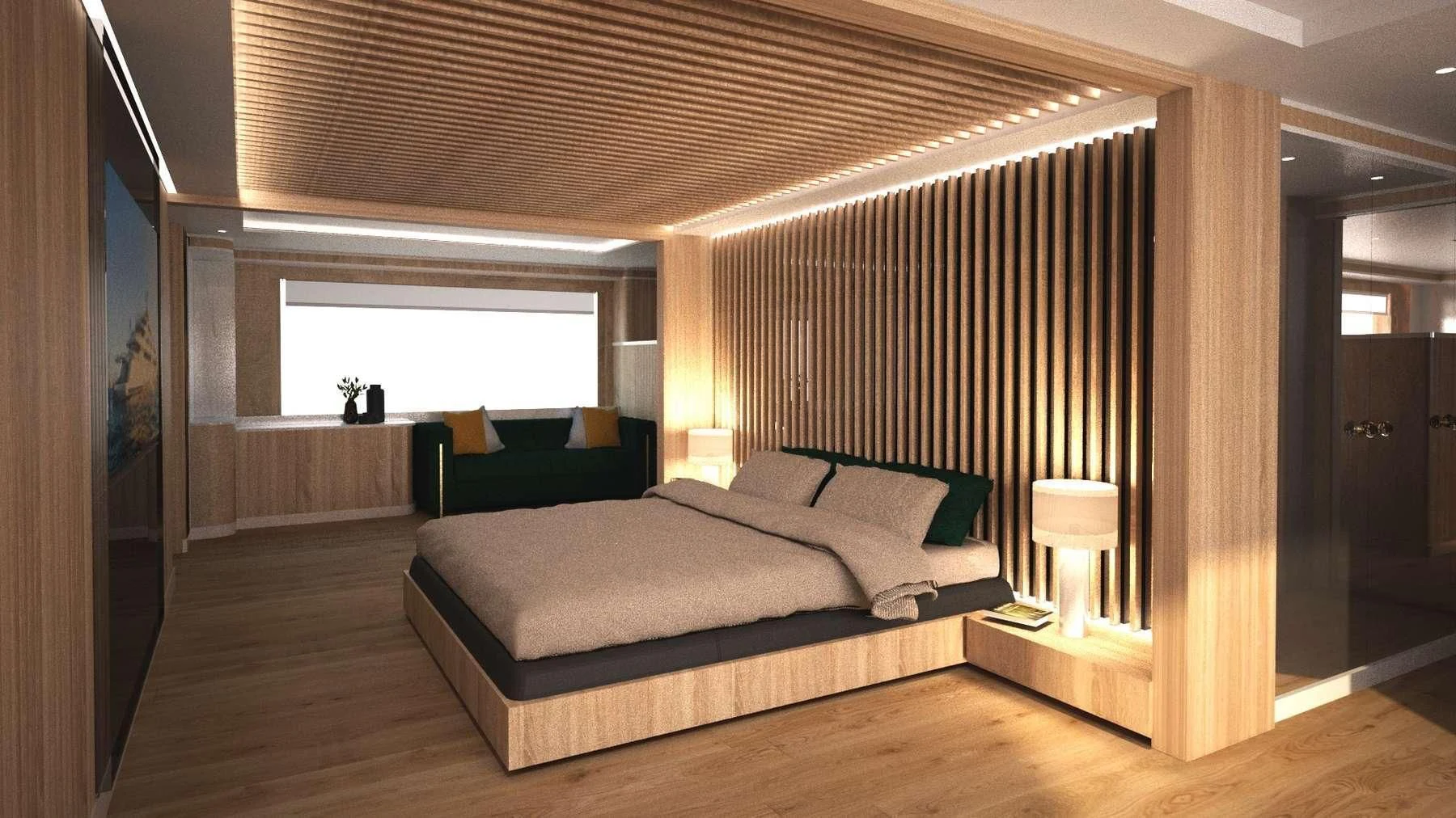 a large bed in a room aboard BARENTS Yacht for Charter