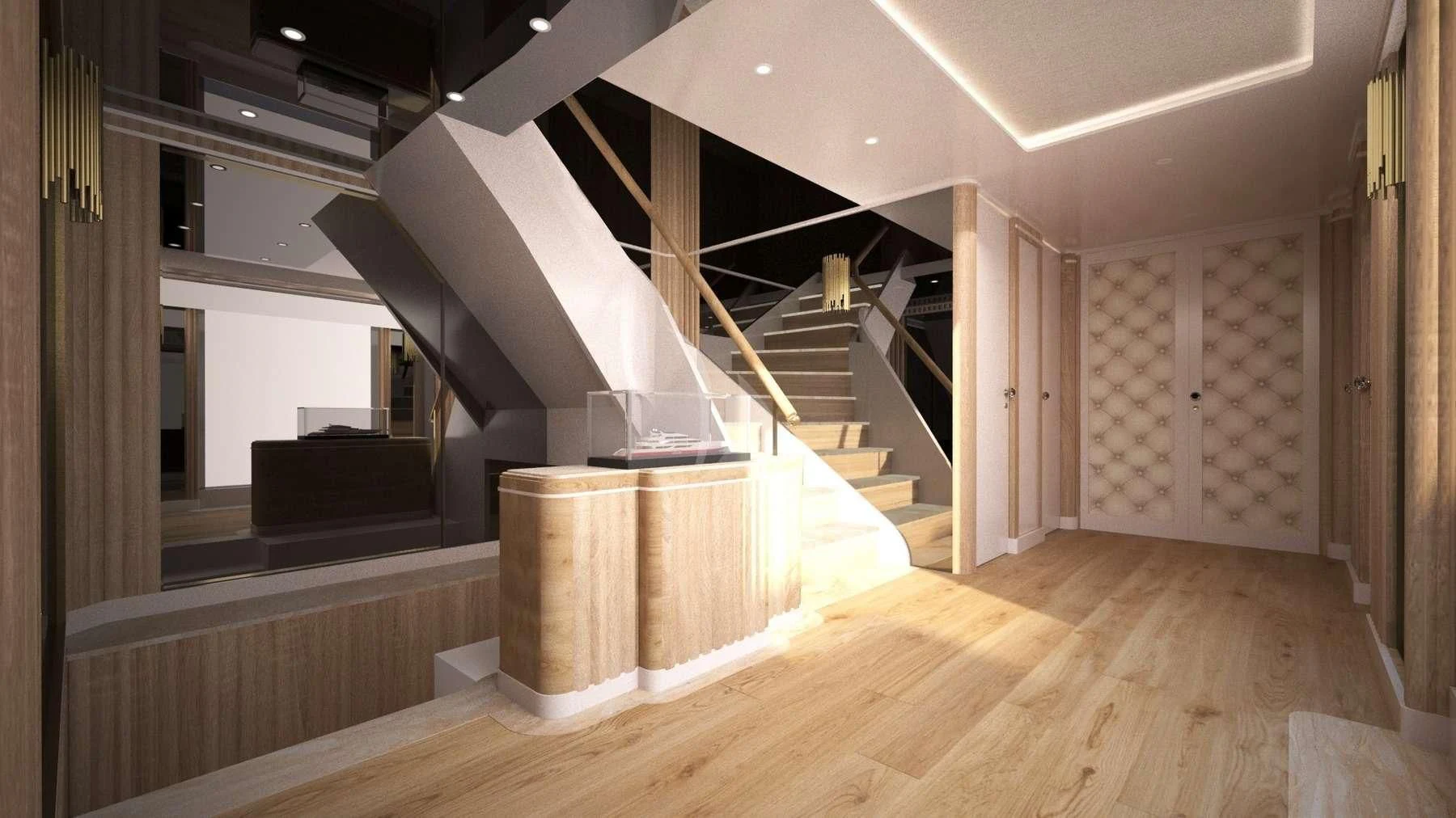 a staircase in a building aboard BARENTS Yacht for Charter