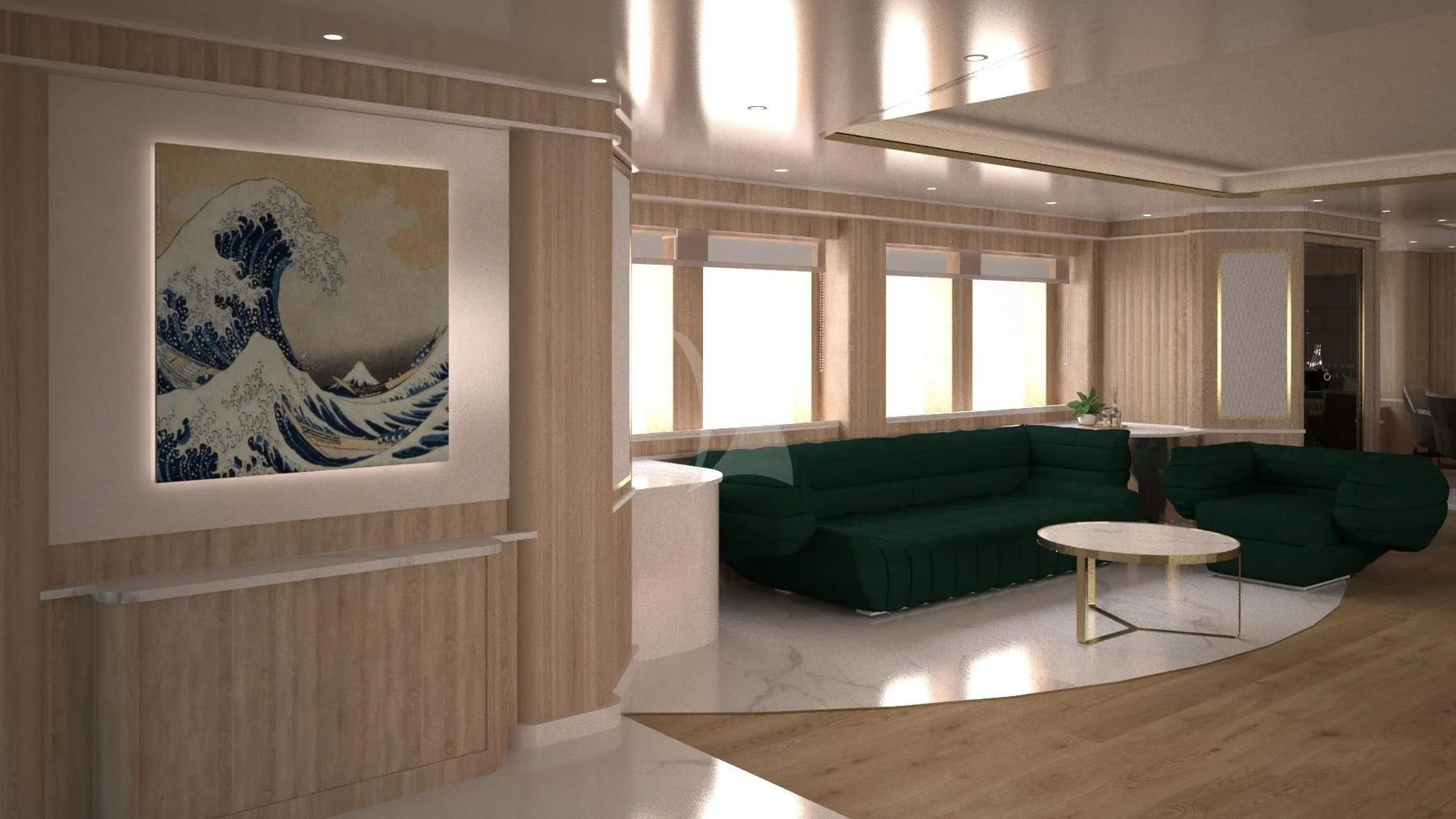 a living room with a couch and a table aboard BARENTS Yacht for Charter