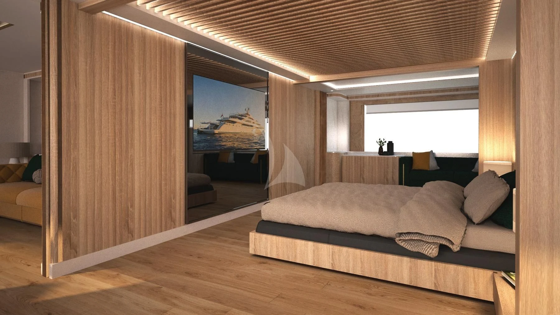 a room with a bed and a television aboard BARENTS Yacht for Charter