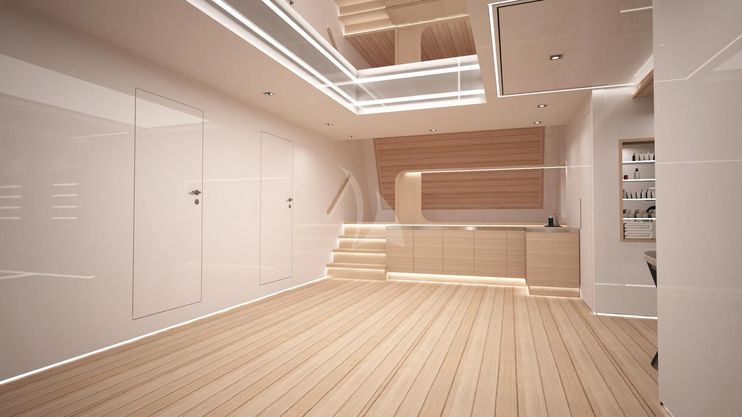 a room with white doors aboard BARENTS Yacht for Charter