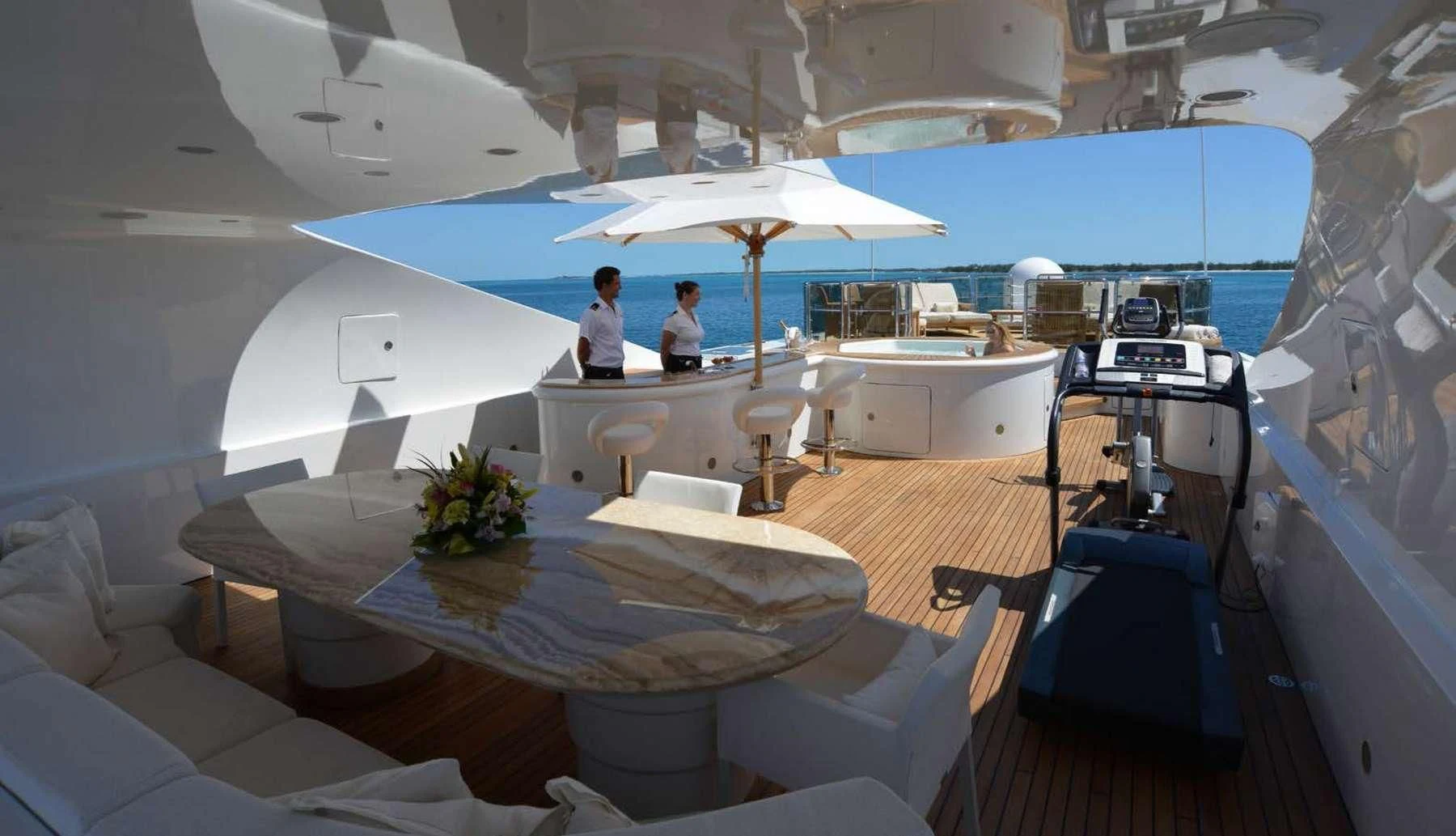 a couple of people sitting at a table under an umbrella aboard BARENTS Yacht for Charter