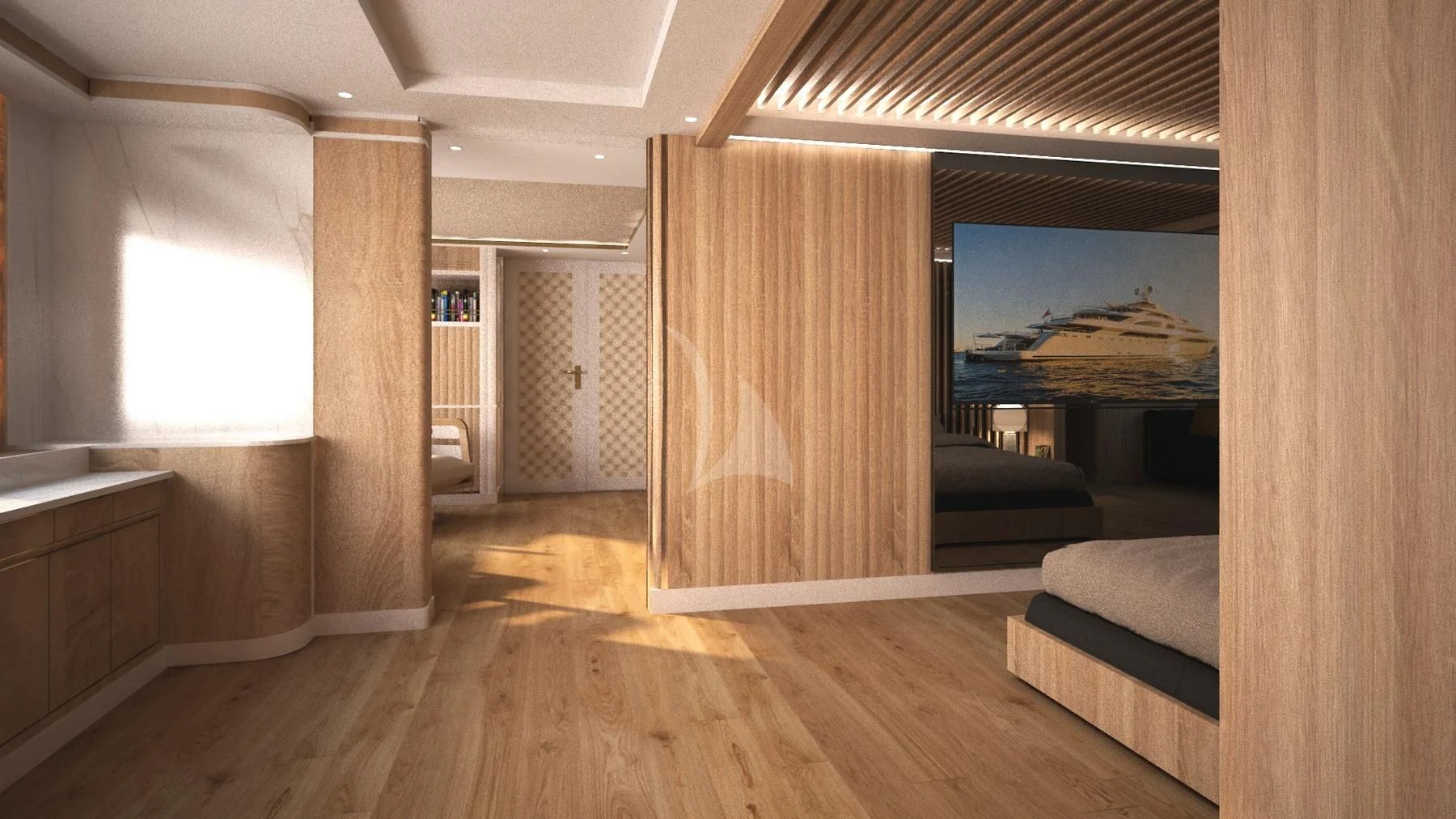 a room with a wood floor and a large window aboard BARENTS Yacht for Charter