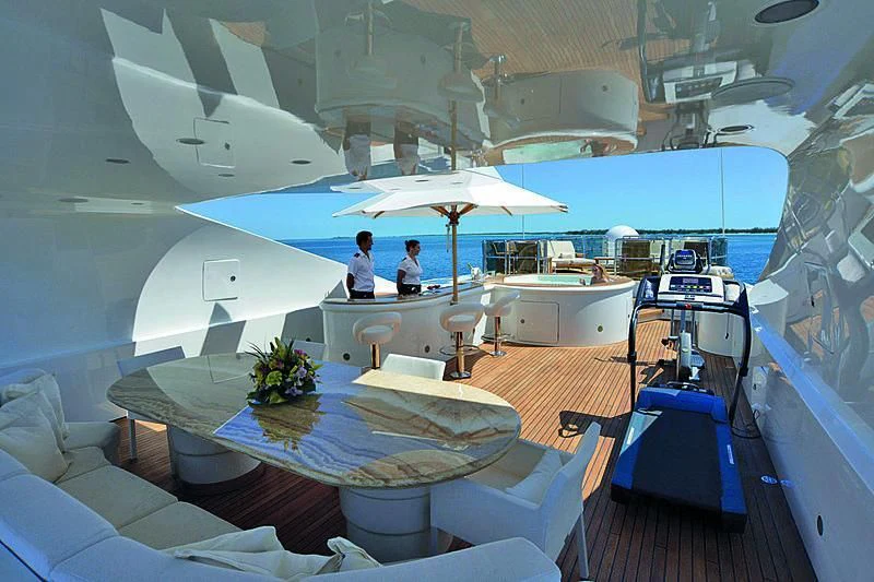a couple of people sitting at a table under an umbrella aboard BARENTS Yacht for Charter