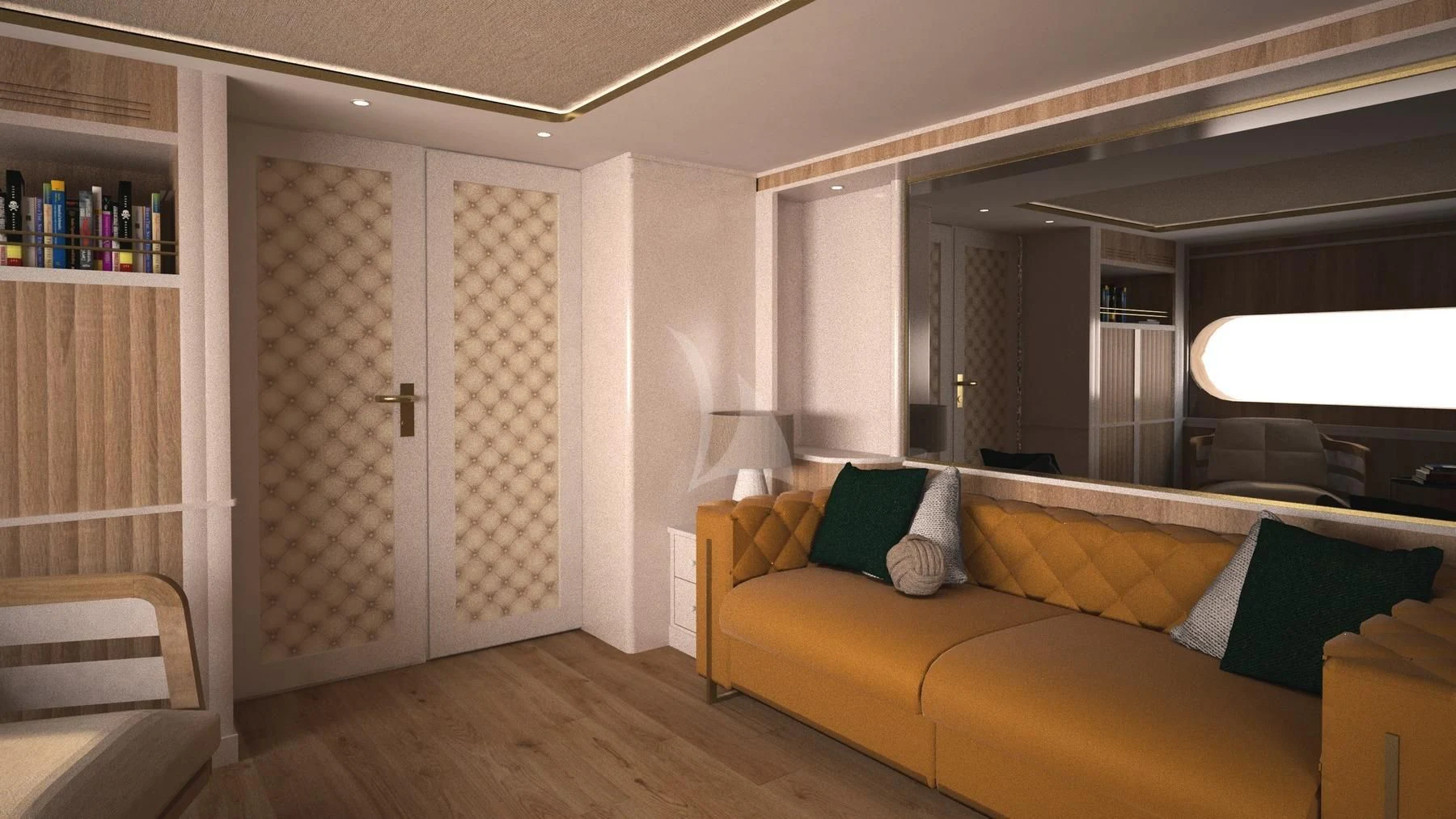a room with a couch and a door aboard BARENTS Yacht for Charter