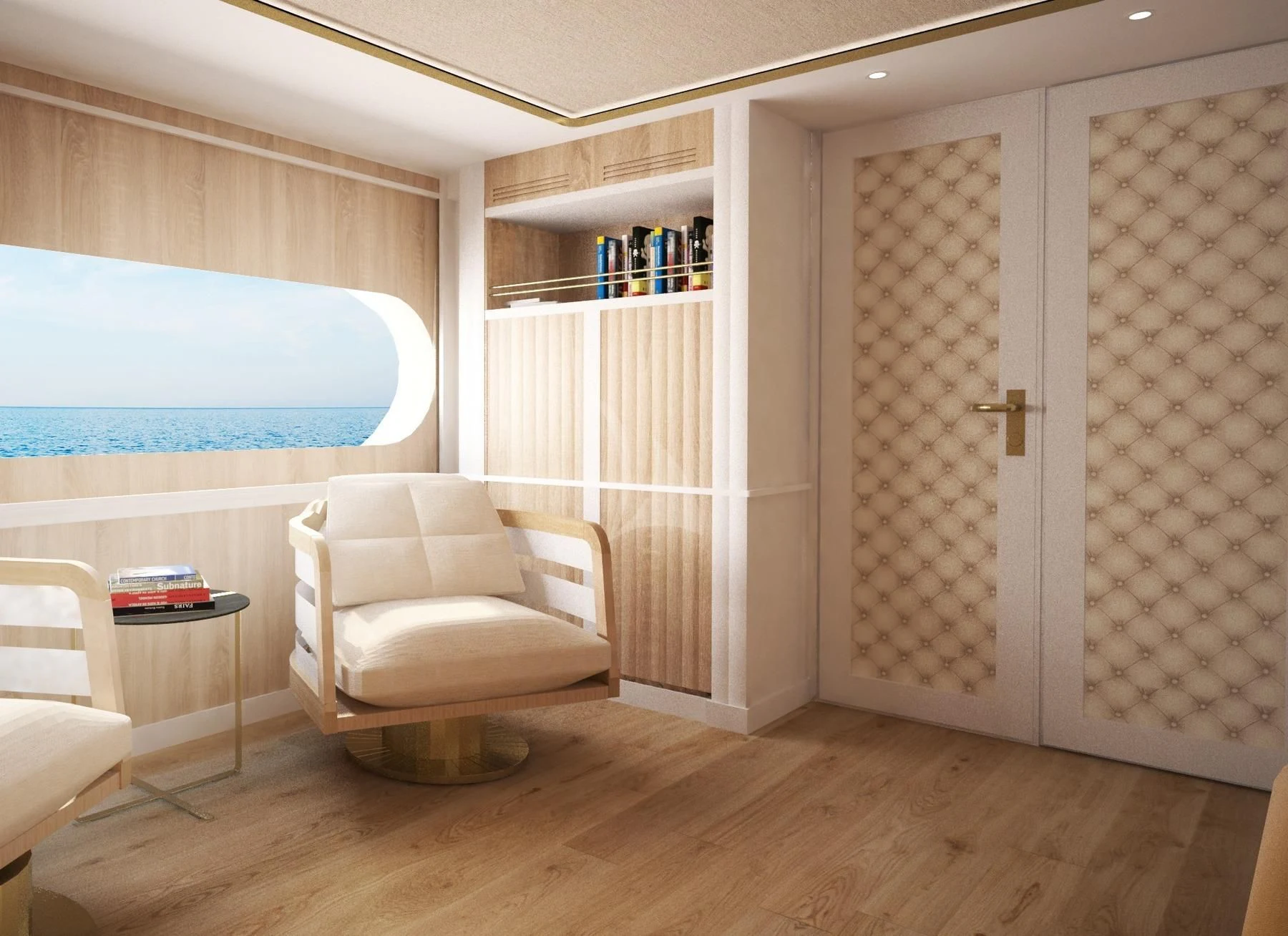 a room with a couch and a door aboard BARENTS Yacht for Charter