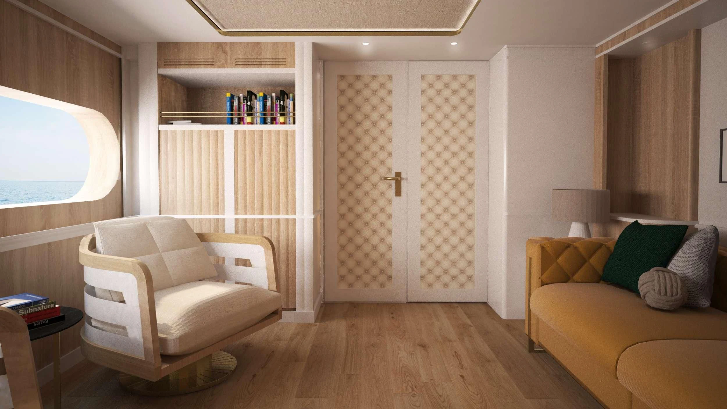 a living room with a couch and a door aboard BARENTS Yacht for Charter