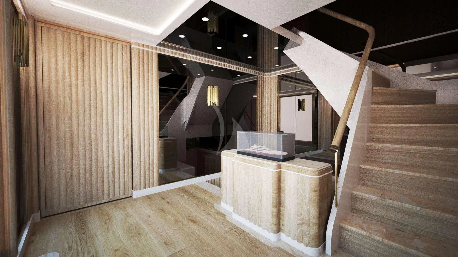 a wood staircase with a laptop on top of it aboard BARENTS Yacht for Charter