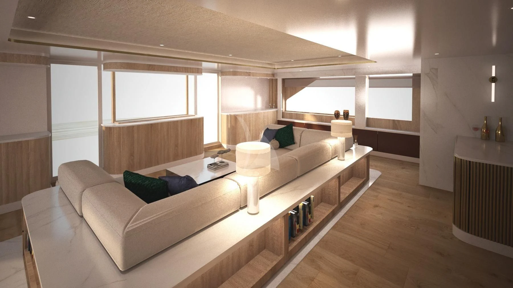 a living room with a couch and a table aboard BARENTS Yacht for Charter