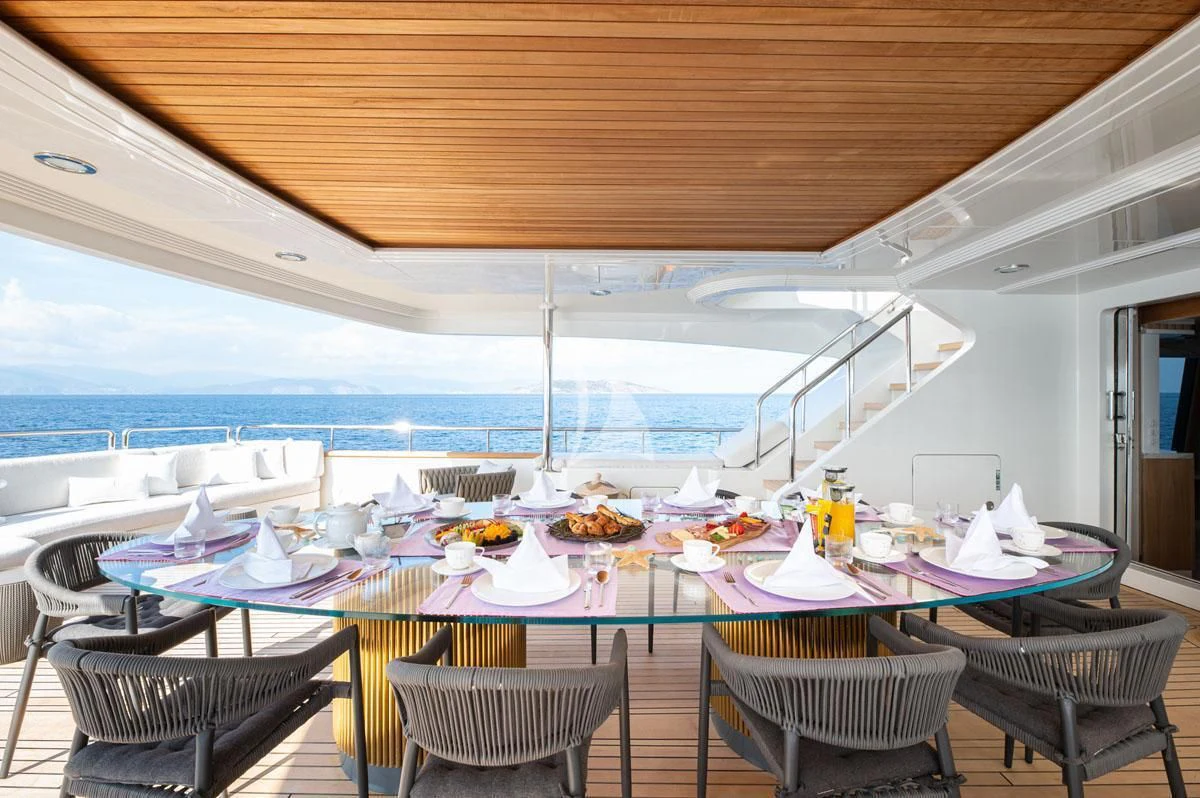 a table set for a meal on a deck aboard BARENTS Yacht for Charter