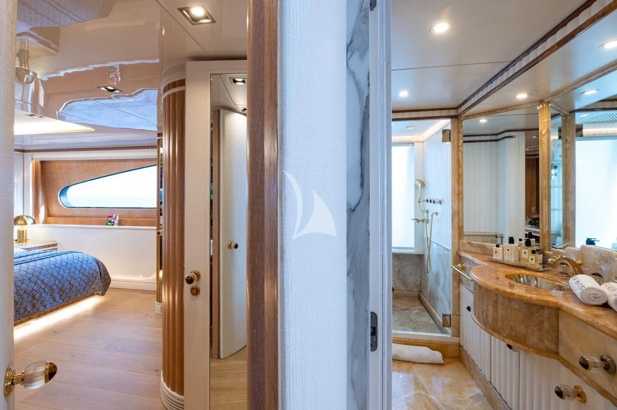 a bathroom with a sink and a mirror aboard BARENTS Yacht for Charter