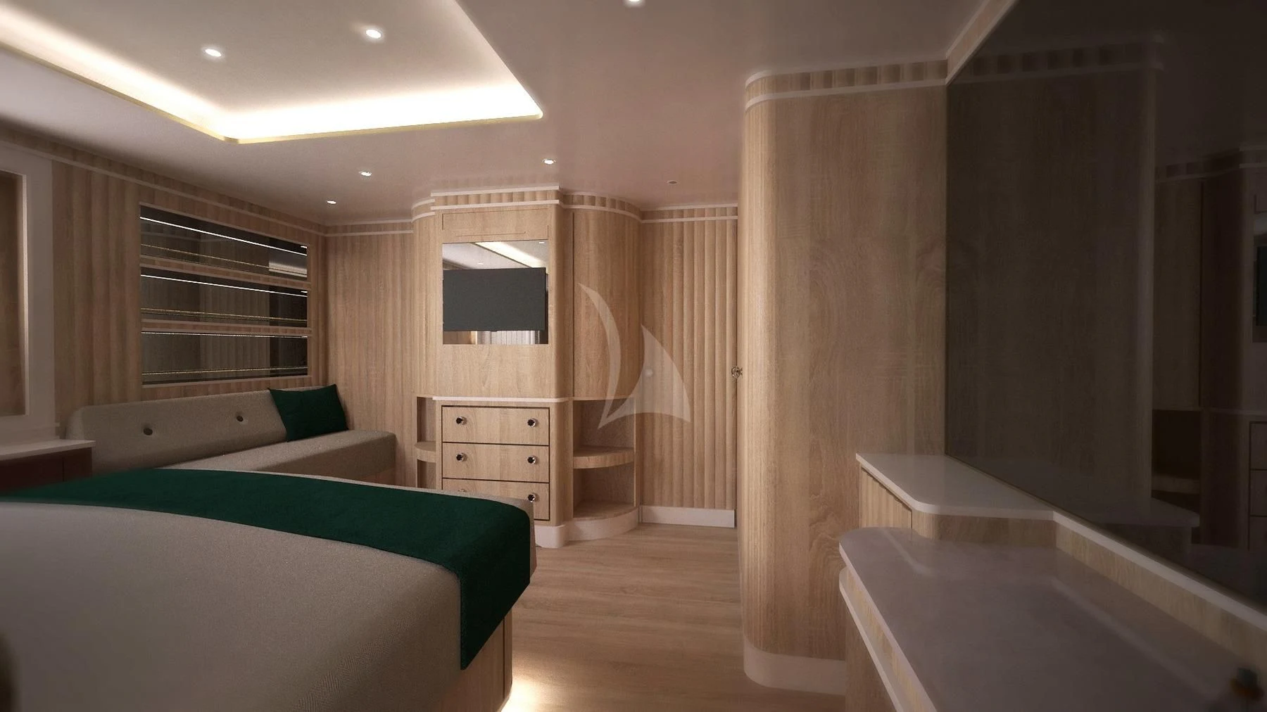 a room with a bed and a tv aboard BARENTS Yacht for Charter