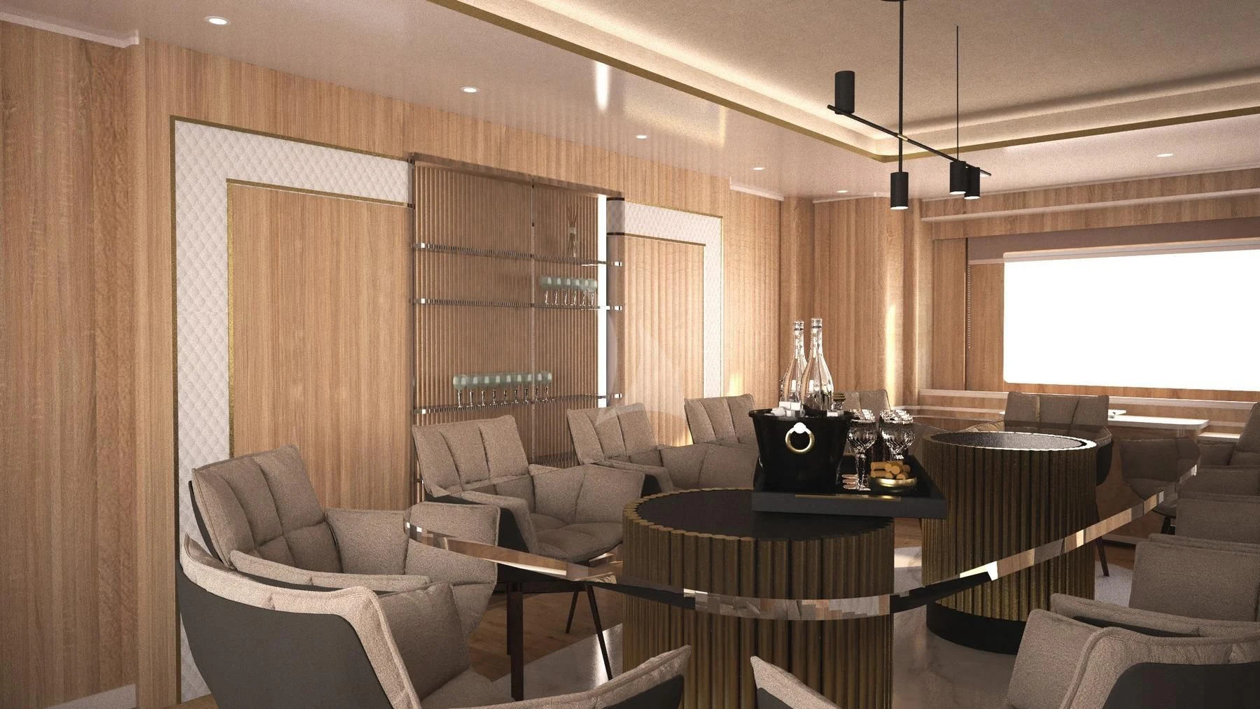 a room with a table chairs and a couch aboard BARENTS Yacht for Charter