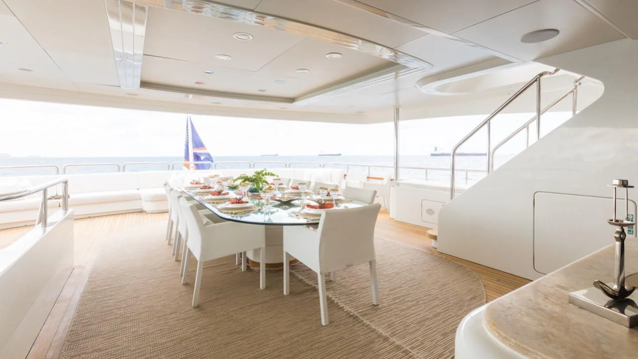 a room with tables and chairs aboard BARENTS Yacht for Charter