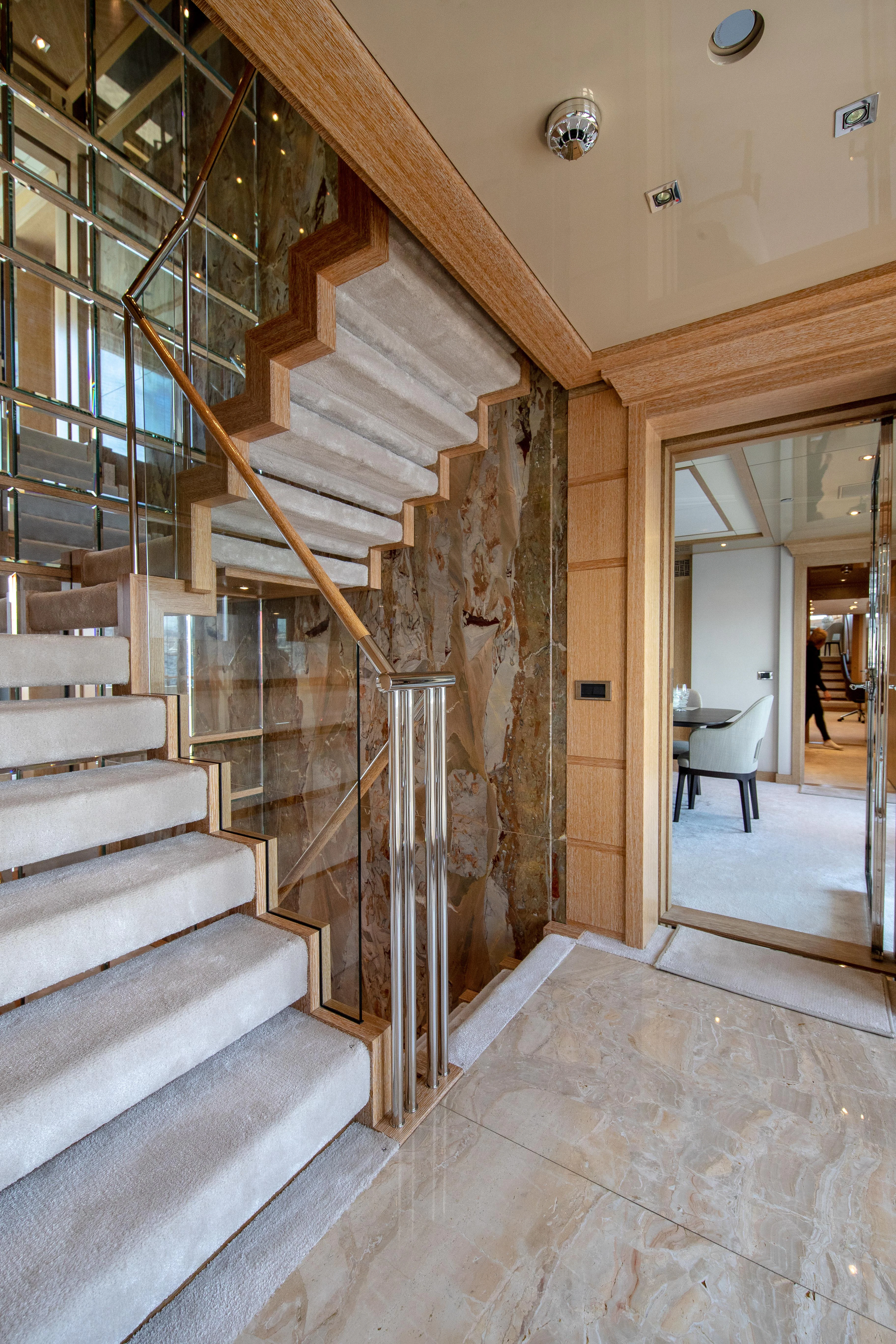 a staircase in a building aboard FRIENDSHIP Yacht for Charter
